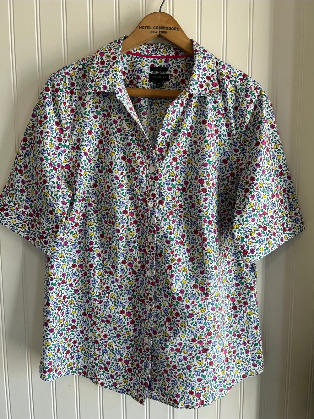 Talbots White Short-Sleeve Button-Down Shirt with Multicolor Floral Print